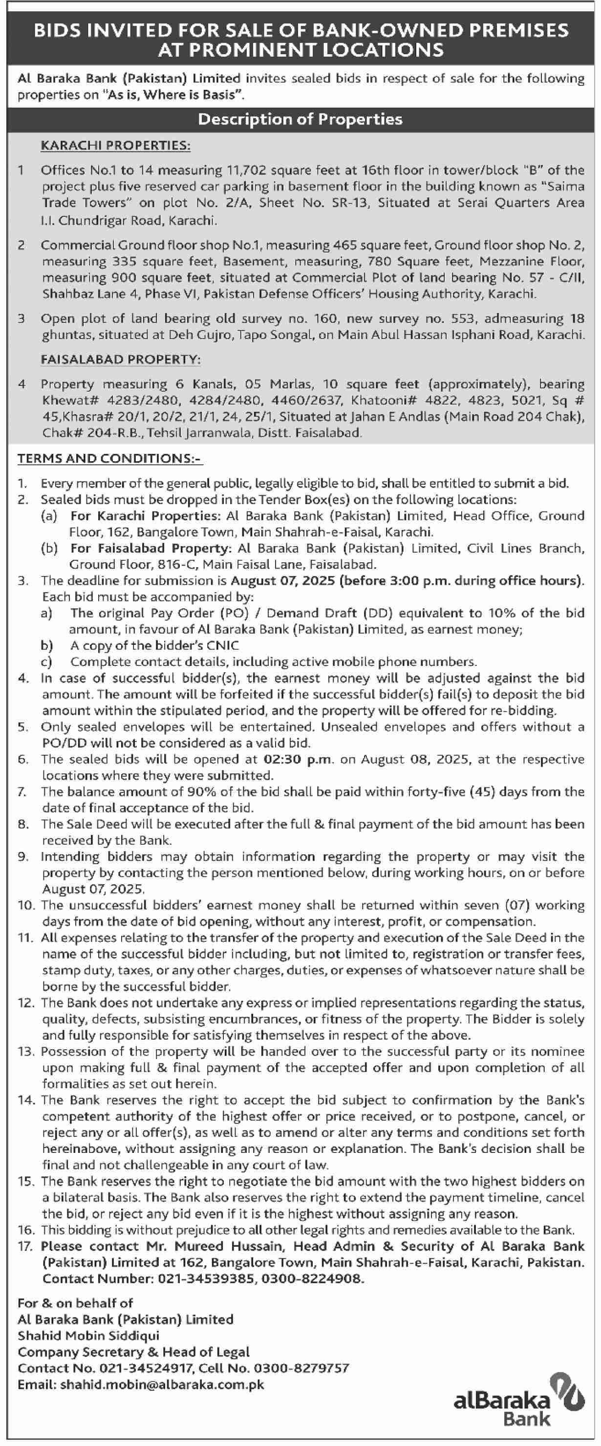 Al Baraka Bank Limited Lahore Tender Notice